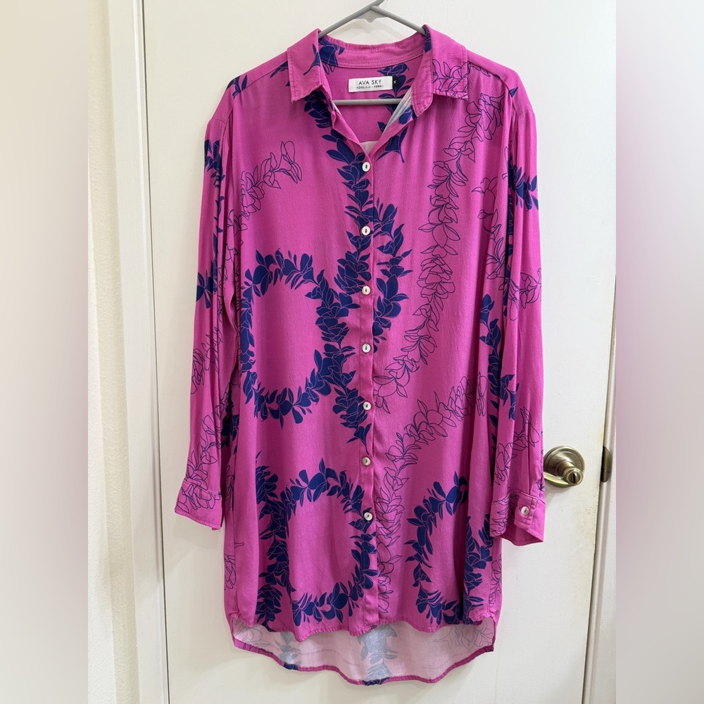 Pinkish/Purple with Navy Blue Lei Button-Up Shirt Dress